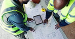 Architect, hands and team at tablet screen with floor plan, design update or app for property development. Above, people and tech with blueprint for engineering, project discussion and collaboration