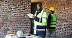 Civil engineer, online and man with tablet in construction site, real estate or property development. Architect, thinking and person with tech, scroll and material inventory on website and research