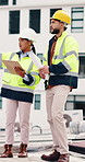Woman, man and engineer with clipboard on rooftop, planning and building maintenance in city. People, technician and discussion with blueprint, solution and inspection with report for hvac in town