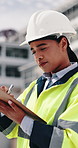 Woman, engineer and writing in city with clipboard, inspection and quality control for construction. Thinking, person or checklist report for architecture, urban evaluation and information on project