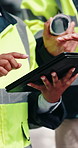 Construction, tablet and hands of people for building inspection, safety compliance and planning. City, contractor and workers on digital tech with checklist for engineering, maintenance and project