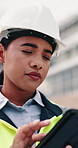 Construction, inspection and woman on tablet for building project, safety compliance and report. City, thinking and person on digital tech with checklist for engineering, maintenance and development