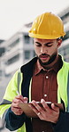 Man, engineer and writing in city with clipboard, inspection and quality control for construction. Thinking, person or checklist outdoor for architecture, urban evaluation and information for project