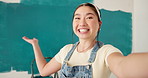 Asian woman, face and home renovation with talking in vlog, filming or record with smile. Interior design, house and content creator with wall for painting, portrait and painter live streaming