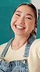 Face, selfie and Asian woman with wall for painting, live streaming and tutorial for renovation. Portrait, female person and vlogging in home for diy project, interior design and tips for maintenance
