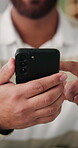 Hands, phone and scrolling with man in home office for communication, remote work or research. App, feedback and review with freelance employee in apartment for agenda, digital calendar or schedule