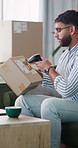 Box, man and barcode scanner for home business logistics, delivery or label information for package. Parcel, person and distribution for courier service, remove work and shipping inventory from house