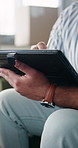 Hands, tablet and drawing in home for freelance, web design and digital art on mobile app with connection. Remote work, man and creative for online brand project, internet portfolio and sketch idea