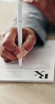 Hand, doctor and writing in office for prescription, consultation or patient information for healthcare. Person, medical specialist or notepad in practice for service, script policy or recommendation