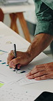 Man, hands and writing in office with documents, marketing performance and data analysis for insights. Person, notes and paperwork in business with stats, graphs or plan for advertising campaign KPI.