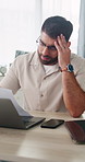 Frustration, laptop or man in house with paper, invoice error or missed payment in remote work. WFH, document or finance advisor with tech, portfolio crisis or account mistake in budget review.