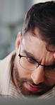 Stress, man and laptop for remote work with mistake, network error and missing details in home. Freelance editor, computer and confused in house for false information, glasses and corrupt download