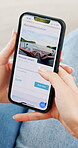 Booking, holiday and hands with phone screen, home and checking resort prices on website or research. Scroll, online and people with mobile, search and planning for vacation, display and options
