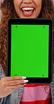 Happy, green screen and face of woman with tablet for social media, texting and chatting on app. Smile, portrait and female person with digital technology for email, contact or connectivity by space.