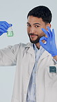 Science, face and man with okay sign for beaker, vaccine and experiment success for medical study. Portrait, pharmaceutical and scientist with sample, breakthrough and emoji on studio background