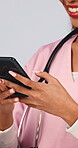 Telehealth, doctor and hands with phone in studio, laughing or communication with patient on website. White background, medical worker and woman with mobile for appointment schedule and funny message