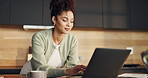 Woman, typing and remote work in home with laptop, website and proposal for online HR administration. Person, human resources job and research in house with computer, email and digital communication.