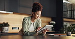 Woman, typing and remote work in home with tablet, online HR support or review payroll administration. Person, browse and tech in house with human resources job, compensation policy or email response