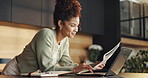 Reading, laptop or woman with document for home, travel insurance or hotel booking for abroad holiday. Pc, smile or person with registration for embassy website, country consent form or trip permit
