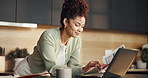 Woman, typing and paperwork in home with laptop, check payslip and income budget for utility bills. Person, reading document and browsing in house with computer, review salary and financial planning.