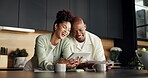 Finance, paperwork or happy couple with tablet in kitchen for loan settlement, budget goal or pride. Laughing, african people or document with tech for credit balance, debt free or financial security