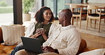Travel, laptop or couple in home with plan, trip option or holiday selection on booking site. Discussion, tech or African people with connection, vacation itinerary or resort decision in web research