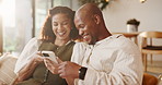 Love, phone or couple in home with laugh, funny video or comic post in social media scroll. Happy, digital or African people on sofa with tech, meme reaction or bonding together with humor connection