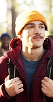 Thinking, hiking and man in nature with friends for holiday scenery, adventure or exploration. Sightseeing, trekking or person in forest for trip, walk or travel with reflection on group expedition