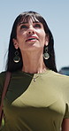 Breathing, inspiration and thinking with business woman outdoor for new job or opportunity. Future, perspective and vision with mature person in city for career ambition, reflection or mindfulness