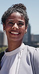Face, laughing and opportunity with business woman outdoor for career ambition or new job. Journey, morning commute and satisfaction with funny person in city for development, growth or possibility