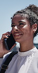 Talk, phone call and business woman in city for real estate listing, sale or negotiation on commute. Mobile, smile and realtor outdoor with leasing update, property development or communication