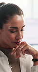 Sad, woman and listen in office with therapy consultation, emotional support and advice for wellness. Psychology, patient and mature person with depression, mental health and counseling appointment.