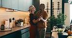 Happy, dancing and holding hands with food in kitchen for meal prep, fun cooking or vibe together. Interracial couple, love or smile with natural ingredients for weekend, holiday or bonding in house