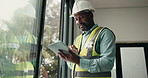 Thinking, black man and construction worker with tablet on site for feedback on renovation approval. Technology, planning and civil engineer with email for review on building or repairs from below.