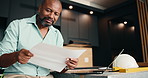 Architect, laptop and black man with paperwork for building plan, safety or security maintenance. Male person, civil engineer or contractor with computer for architecture development or inspection