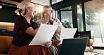 Documents, finance and high five with interracial couple on sofa in home living room for success. Budget, celebration and paperwork with mature people in apartment for financial goals or target