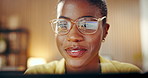 Glasses, laptop and research with black woman in home office for proofreading, editor or freelancer. Blog newsletter,  online report and reflection with person in living room of house for remote work