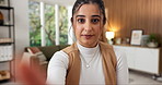 Face, woman and online at house with scroll, interaction and browsing website in living room. Portrait, female person and pov in home with touchscreen, social media and user engagement for networking