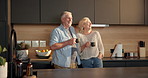 Coffee break, laugh and old couple in home for morning, conversation or bonding together in kitchen. Love, retirement and elderly man with woman for funny joke with drink, relax and chat in apartment