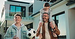 Playing, happy and dad with children in backyard for bonding, relationship and development. Family, house and father with kids on shoulder for connection, games and soccer ball together on weekend