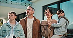 Thinking, home and parents with children in backyard for bonding, relationship and happy in new house. Smile, outdoor and kids with mom, dad and reflection for support, love or connection for moving