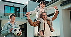 Shoulder, happy and dad with children in backyard for bonding, relationship and development. Family, house and father with kids in garden for connection, playful and soccer ball together on weekend