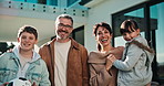 Face, laugh and parents with children in backyard for bonding, relationship and excited for new house. Happy, portrait and kids with mom, dad and ball for support, love or connection for relocation