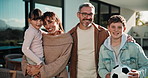 Face, happy and parents with children in backyard for bonding, relationship and excited in new house. Smile, portrait and kids with mom, dad and embrace for support, love or connection for relocation