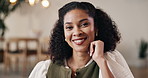 Happy, relax and face of woman in cafe with confidence for diner ownership with small business. Smile, positive attitude and portrait of person with pride for about us in coffee shop or restaurant.
