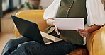 Remote work, paperwork and hands with laptop in lounge, financial planning and data entry with info. Wealth management, freelancer and person with documents, online or typing report with tech in home