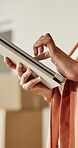 Hands, tablet and scroll in house for renovation, construction or interior design with refurbishment app. Planning, person and review online layout with digital floorplan, new home and remodeling