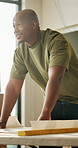 Black man, new home or blueprint for renovation, smile and real estate with inspiration for layout design. Person, document or architectural planning with building upgrade or remodeling property