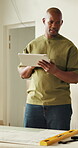 Black man, tablet and blueprint for renovation planning, home construction or interior design inspection. Architecture, review floorplan or layout with happy person, quality control and remodeling
