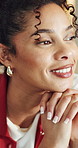 Happy, thinking and woman in home with memory, nostalgia or reflection for good news on weekend. Smile, relax and female person in house with calm for planning in living room with positive attitude.